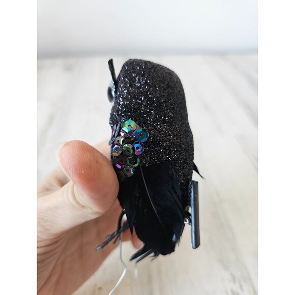 Clip sparkle glitter owl ornament black sequin feather Halloween tree - Picture 6 of 9